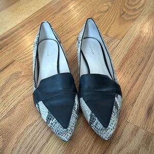 Cole Haan snakeskin and black pointed toe shoes